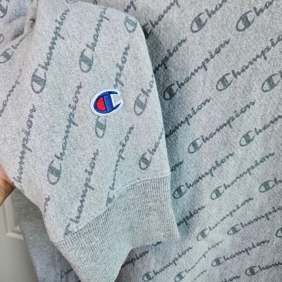 🦃 Champion Sweater Diagonal Logo Fleece Lined Gray Sweatshirt Sz Medium - Picture 3 of 9